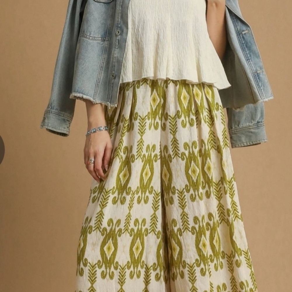 Umgee Cream and Green Wide Leg Pants